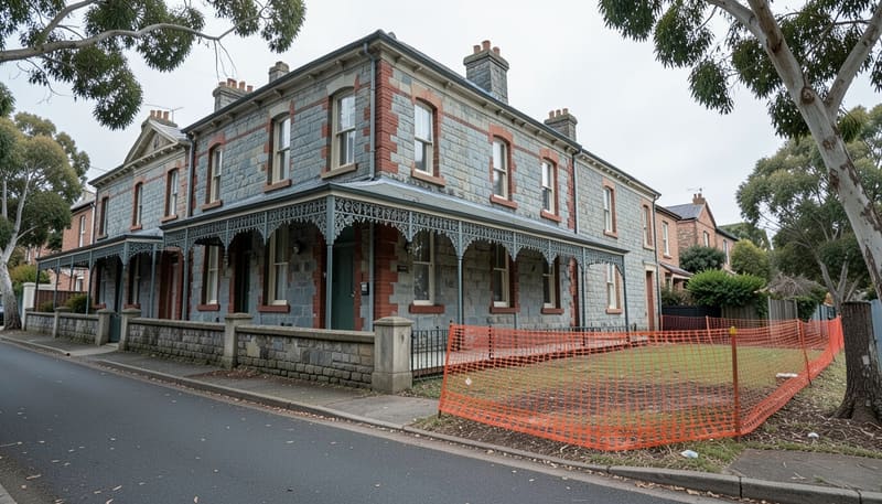 Tree-lined Adelaide street of old bluestone homes with red brick quoins and a return verandah, beside a cleared lot fenced with orange construction mesh