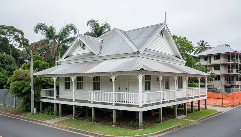 Traditional Queenslander house on stumps beside a block under construction