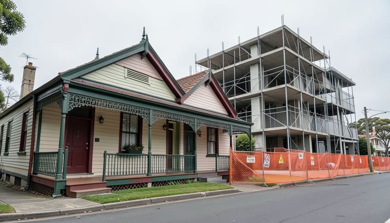 Victorian weatherboard cottage with a lace-trimmed front verandah beside a new building frame under construction, wrapped in scaffolding behind orange safety fencing