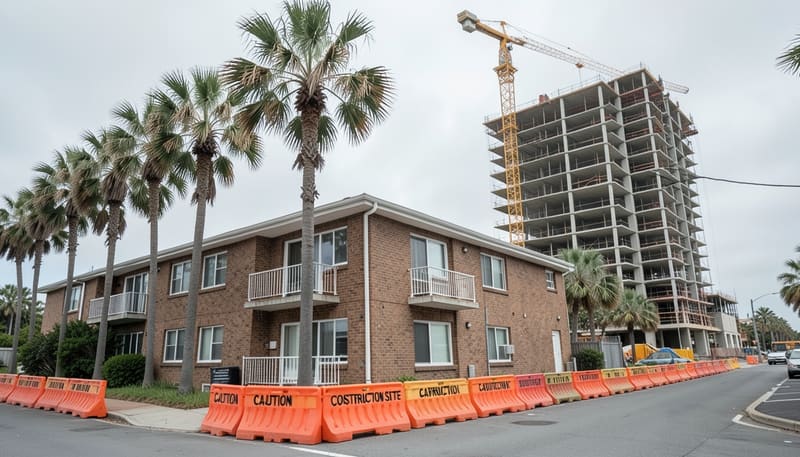 Older two-storey brick unit block with palm trees beside a high-rise apartment tower under construction with a tower crane, behind orange safety barriers
