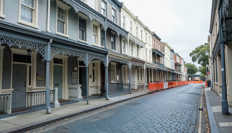 Melbourne street of Victorian terraces with a bluestone laneway and construction barriers