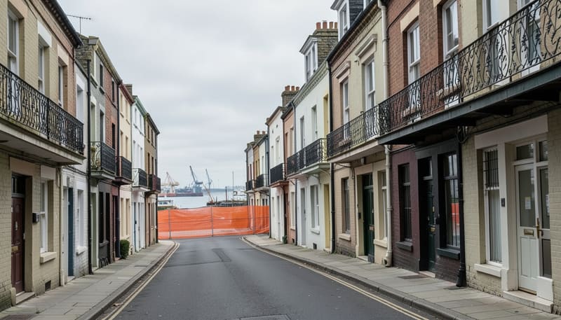 Narrow inner Newcastle street of terrace houses with iron lace balconies, orange construction mesh across the end of the row and harbour cranes in the distance