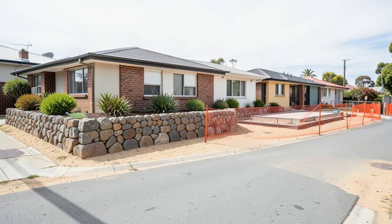 Perth suburban homes with limestone garden walls beside a new house slab under construction