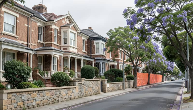 Sydney street of federation brick homes with sandstone walls and a fenced construction block