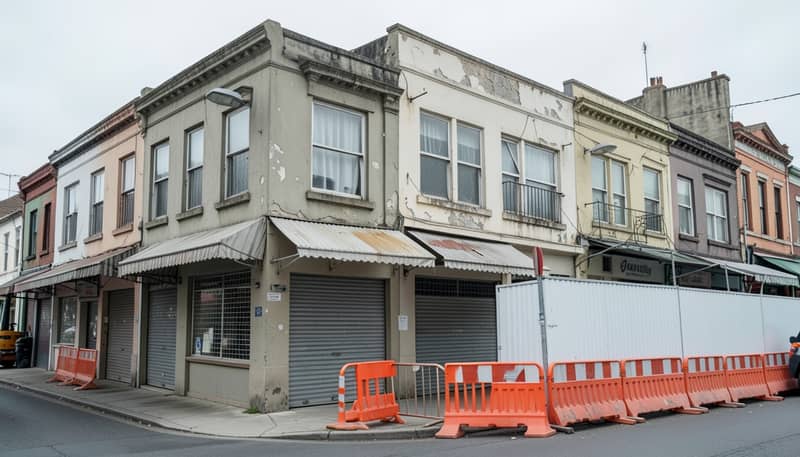 Row of older commercial buildings beside a construction site hoarding