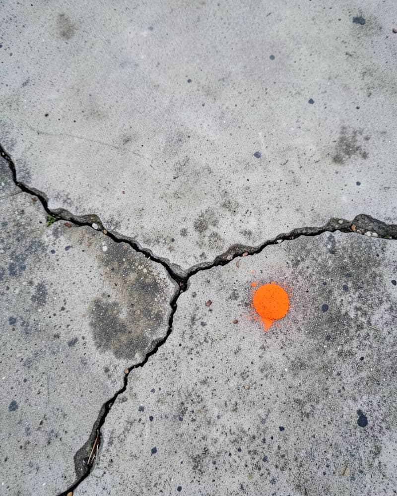 Example photo: branching crack in a concrete slab with an orange marker