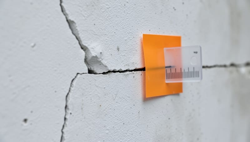 Clear crack width gauge taped beside a crack in a plaster wall