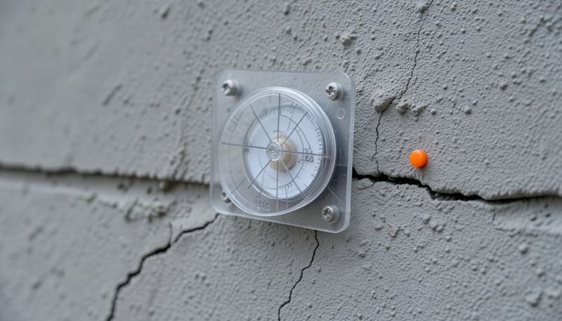 Clear crack monitoring gauge screwed to a rendered wall across a horizontal crack, with an orange marker beside it