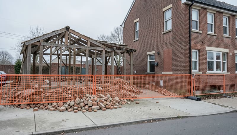 Partly demolished house reduced to its timber frame and piles of brick rubble, behind orange fencing beside an intact two-storey brick home