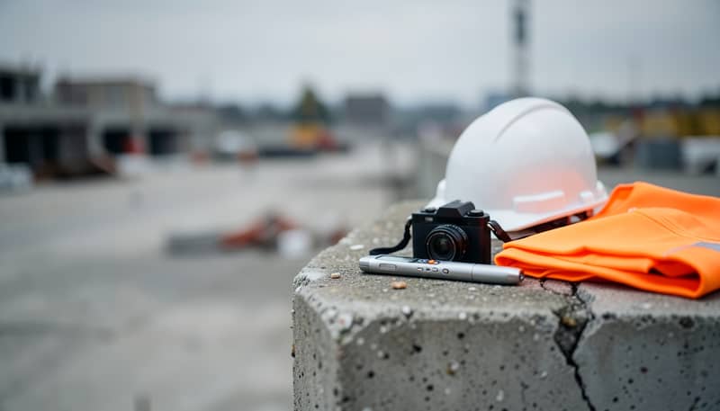 White hard hat, compact camera, laser measure and orange hi-vis vest on a concrete ledge at a construction site