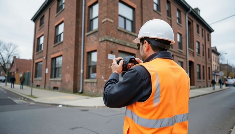Engineer in a white hard hat and orange hi-vis vest photographing the brick facade of a three-storey building