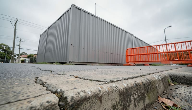 Cracked concrete footpath and kerb in the foreground, with grey construction hoarding and an orange barrier behind
