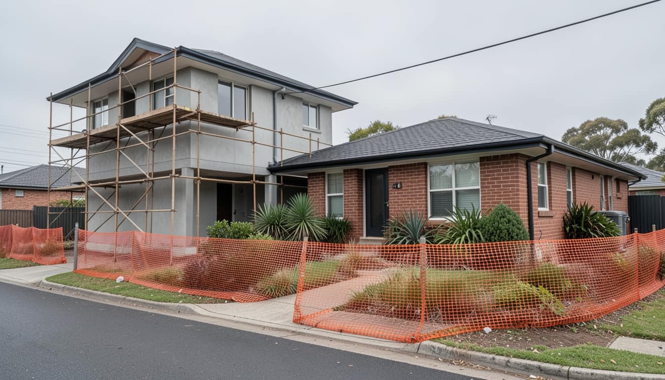 New house frame under construction beside an occupied brick home, separated by orange safety fencing