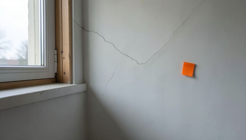 Diagonal hairline crack running from the corner of a window across a plaster wall, with an orange marker beside it