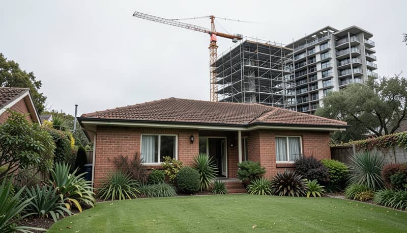 Family brick home with a construction crane rising behind it