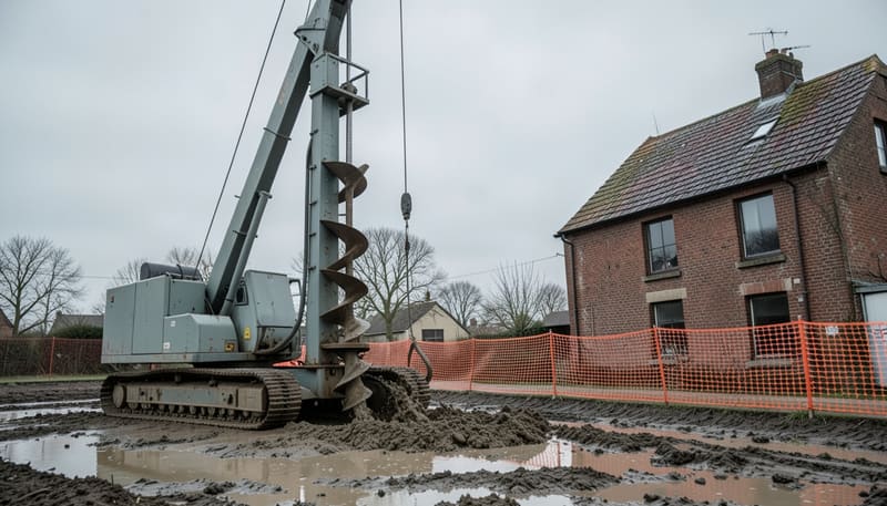 Piling rig drilling with a large auger on a muddy site beside an older two-storey brick house, behind orange safety mesh