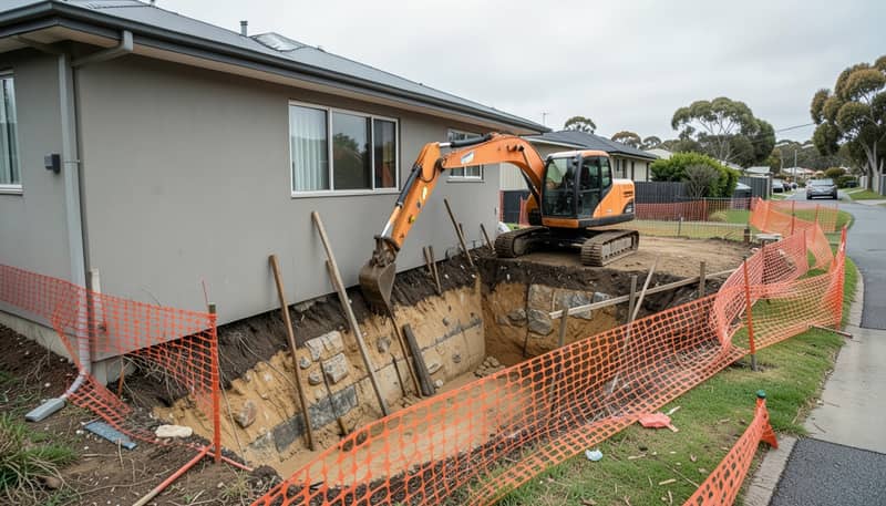 Excavator digging beside the wall of a neighbouring house