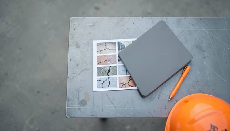 Printed grid of crack photos beside a tablet, orange pen and hard hat on a steel bench