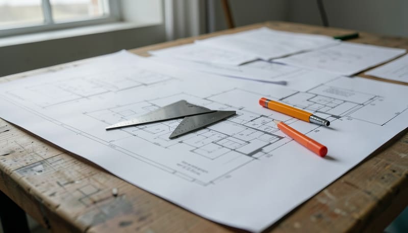 Building plans with a set square and orange pencils on a timber desk